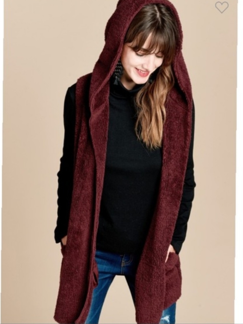 ODDY Ivory Burgundy Faux Fur Women's Hooded Vest With Pockets.Nwt